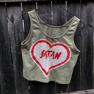 Upcycled Green Tank Top with satan Heart Graphic